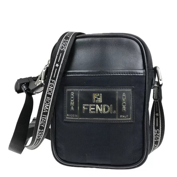 FENDI Logo Pequin Mini Shoulder Bag Canvas Leather Black SHW Italy